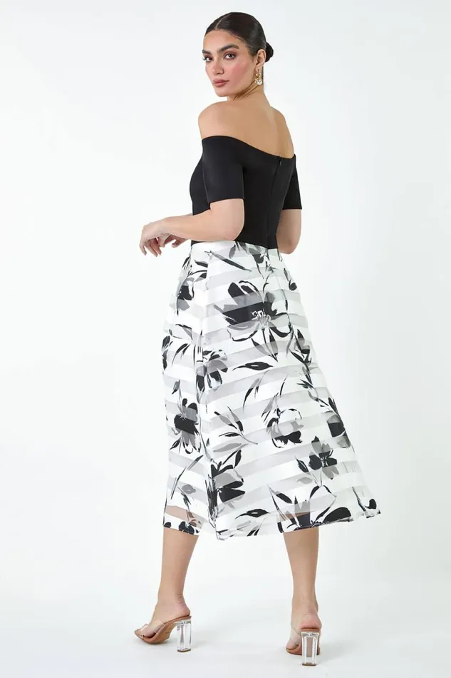 Black Floral Print Premium Stretch Bardot Dress Women Roman Dresses