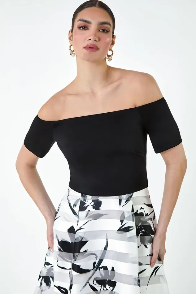 Black Floral Print Premium Stretch Bardot Dress Women Roman Dresses