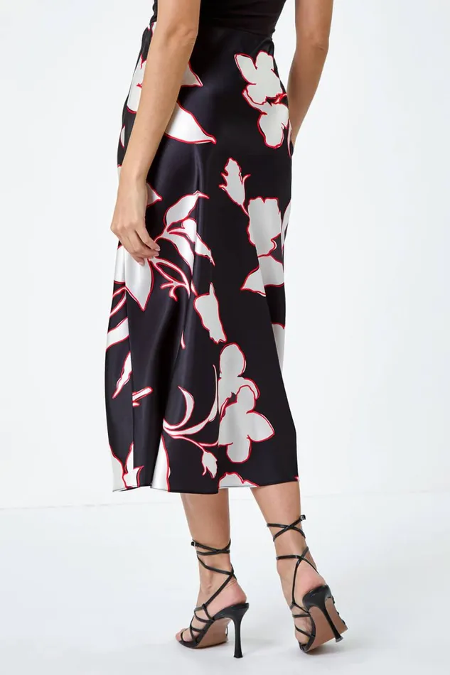 Black Floral Satin Elastic Waist A Line Midi Skirt Women Roman Skirts