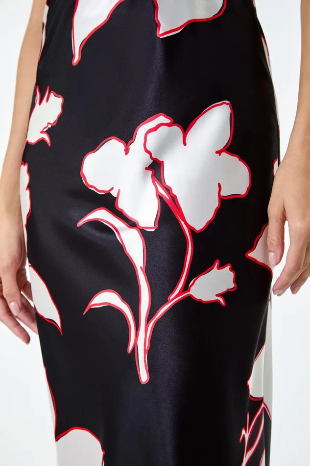 Black Floral Satin Elastic Waist A Line Midi Skirt Women Roman Skirts