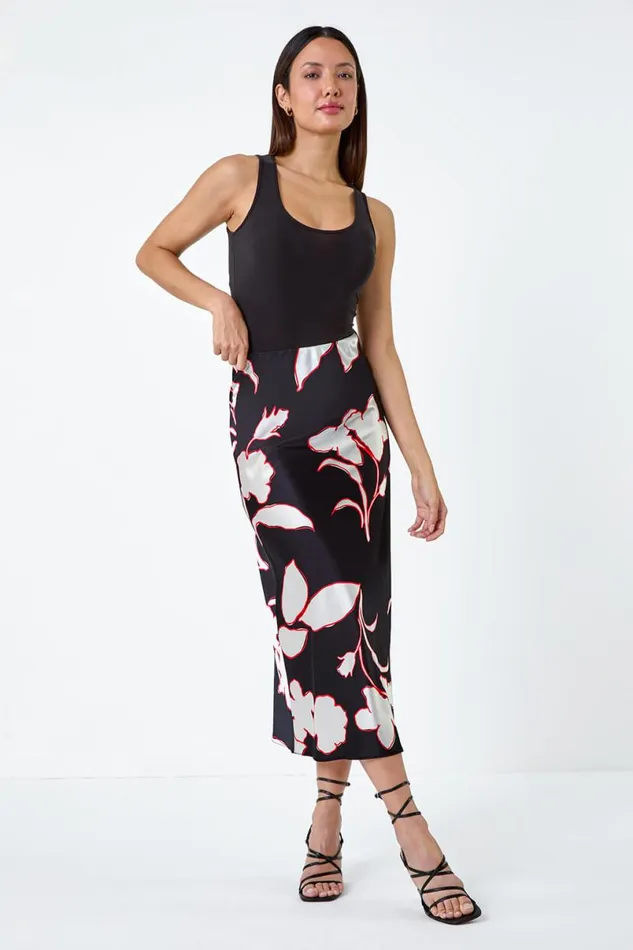 Black Floral Satin Elastic Waist A Line Midi Skirt Women Roman Skirts