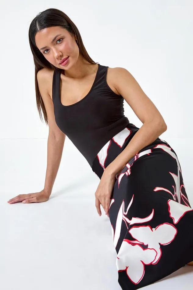 Black Floral Satin Elastic Waist A Line Midi Skirt Women Roman Skirts