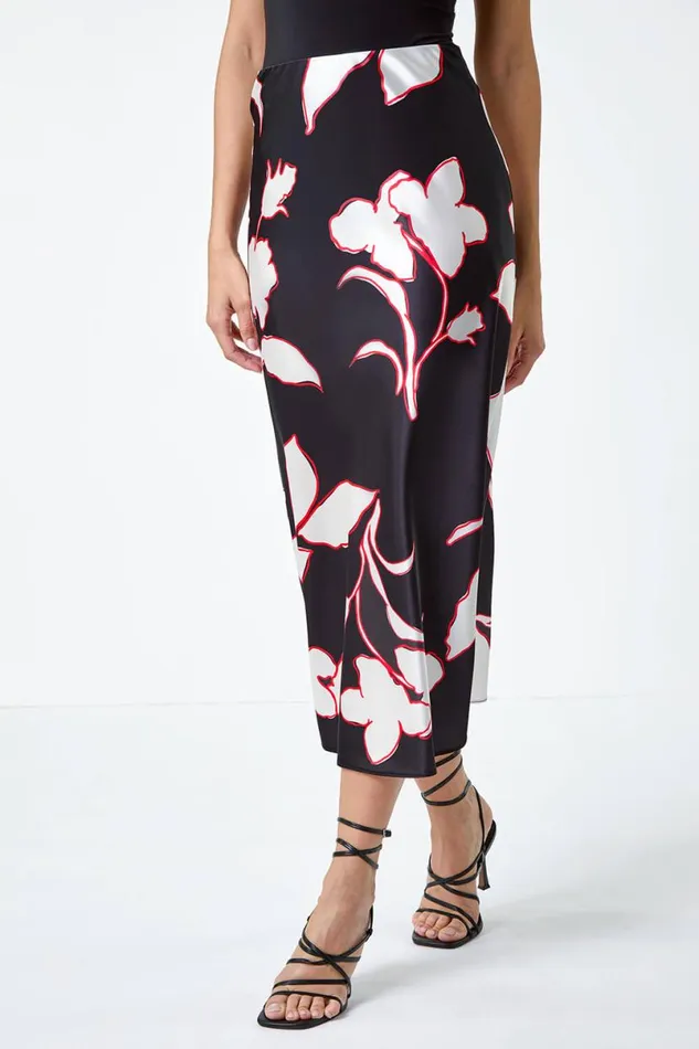 Black Floral Satin Elastic Waist A Line Midi Skirt Women Roman Skirts