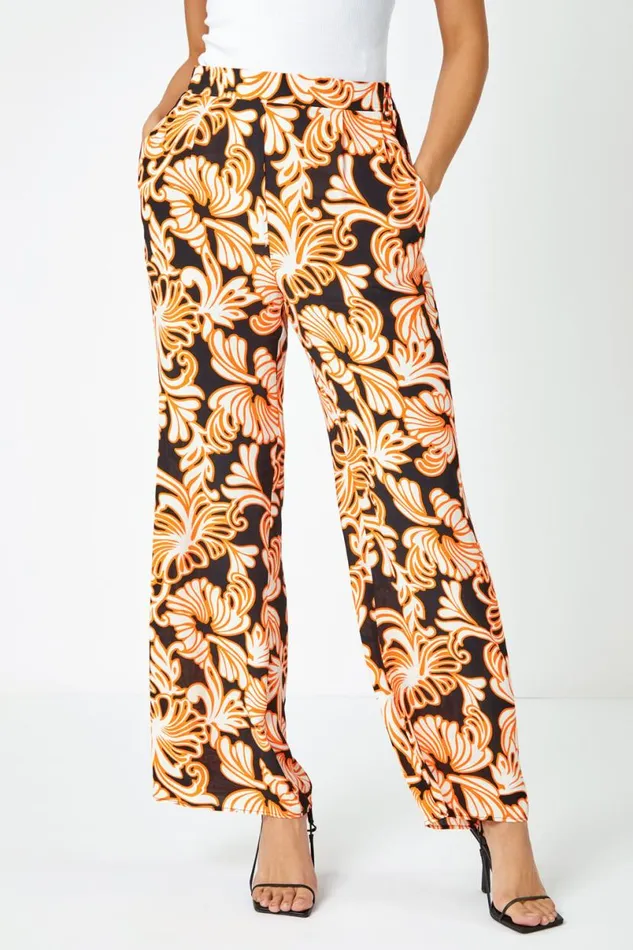 Black Floral Wide Leg Trousers Women Roman Trousers