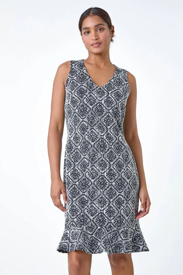 Black Geometric Print Frill Hem Dress Women Roman Dresses