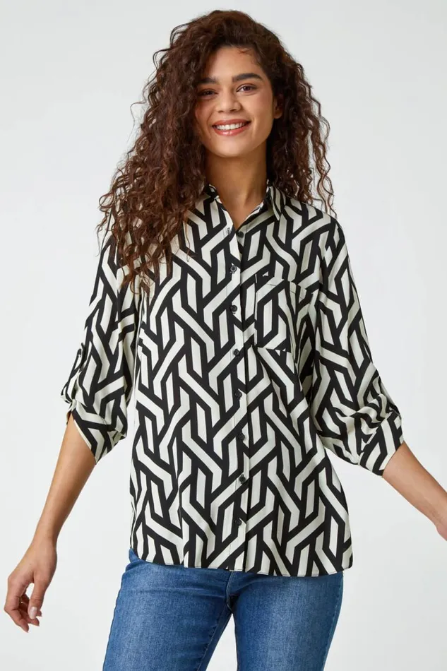Black Geometric Print Longline Shirt Women Roman Tops
