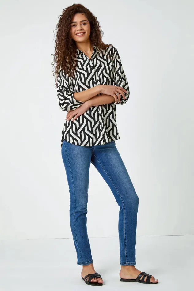Black Geometric Print Longline Shirt Women Roman Tops