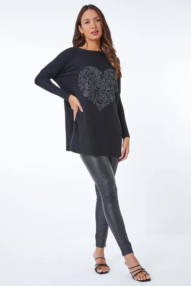 Black Heart Sparkle Embellished Jumper Women Roman Knitwear