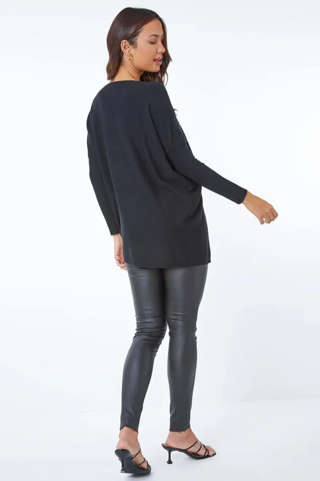 Black Heart Sparkle Embellished Jumper Women Roman Knitwear