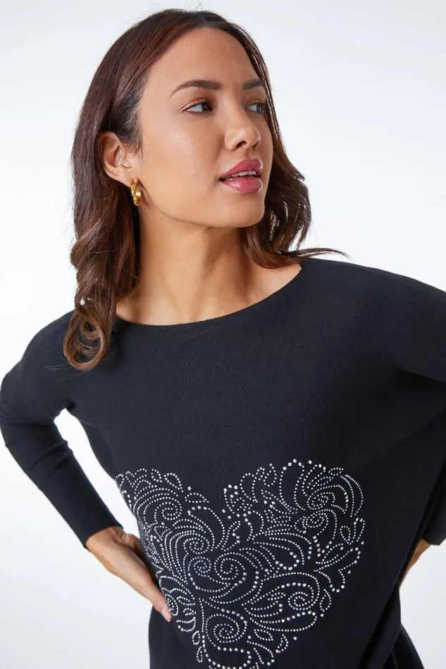 Black Heart Sparkle Embellished Jumper Women Roman Knitwear