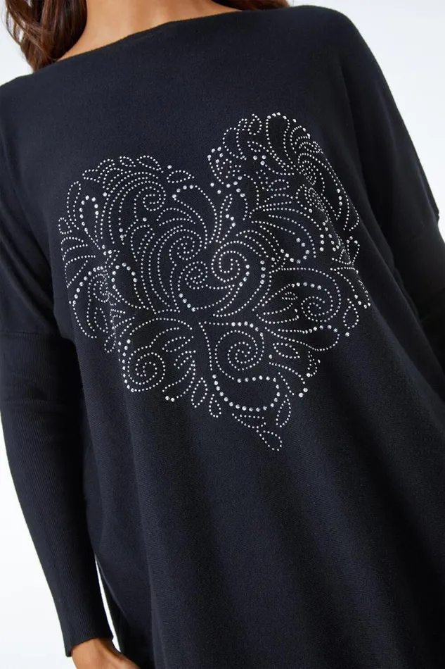 Black Heart Sparkle Embellished Jumper Women Roman Knitwear
