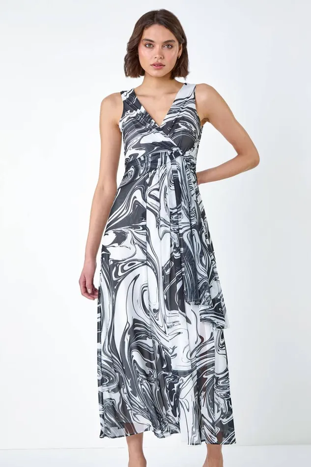 Black Marble Print Wrap Mesh Dress Women Roman Dresses