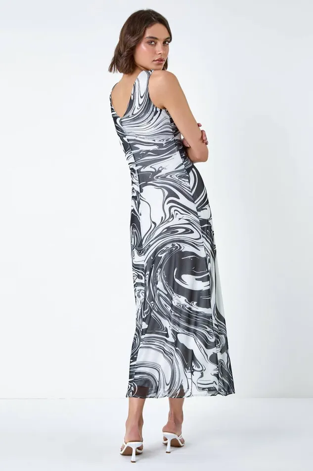 Black Marble Print Wrap Mesh Dress Women Roman Dresses