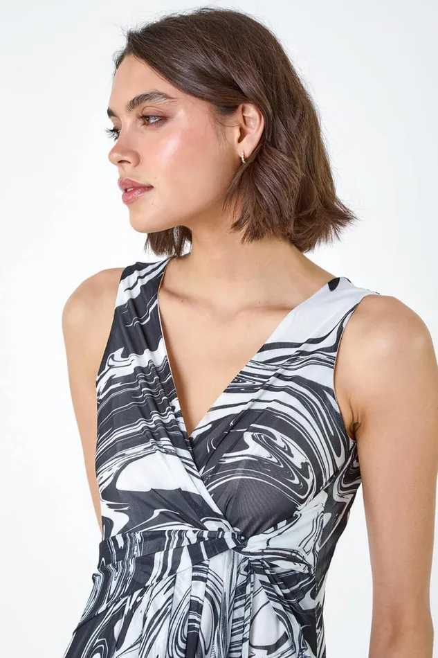 Black Marble Print Wrap Mesh Dress Women Roman Dresses