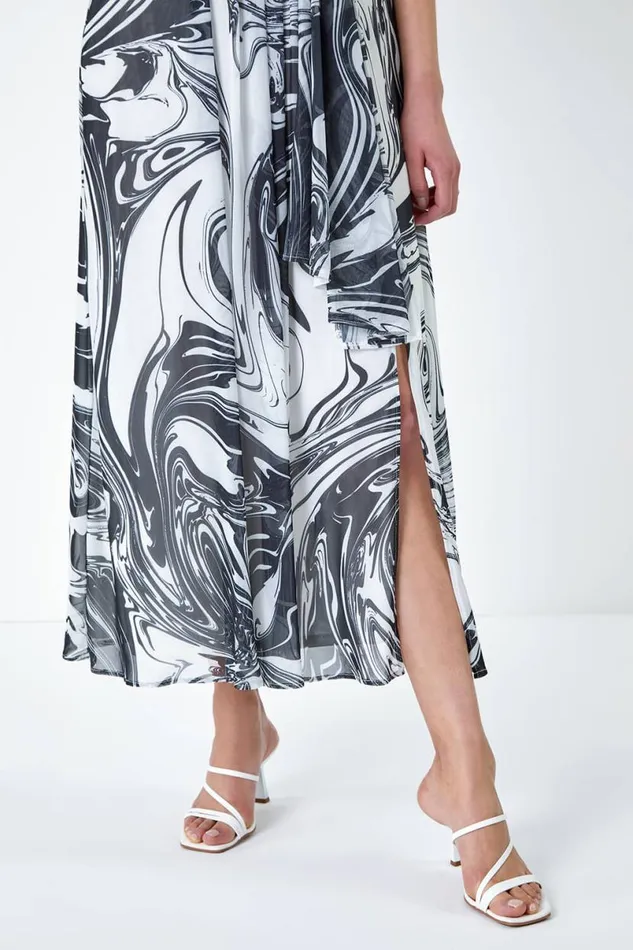 Black Marble Print Wrap Mesh Dress Women Roman Dresses