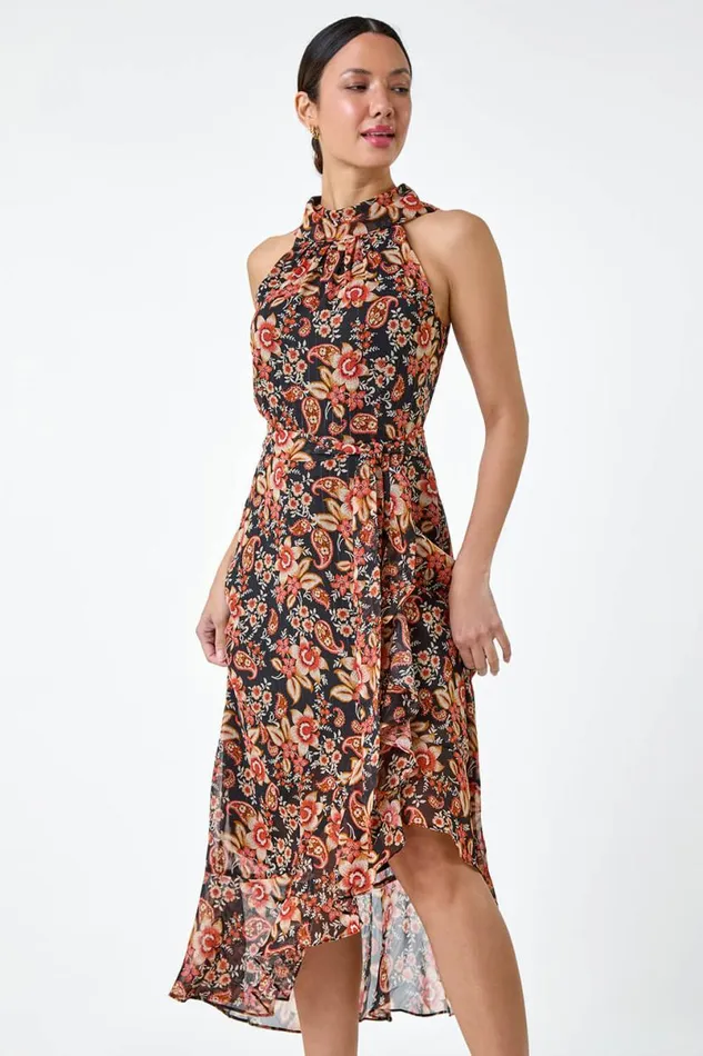 Black Metallic Foil Floral Halter Neck Midi Dress Women Roman Dresses