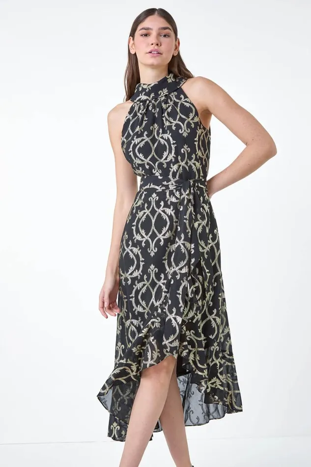 Black Metallic Foil Print Halter Neck Midi Dress Women Roman Dresses