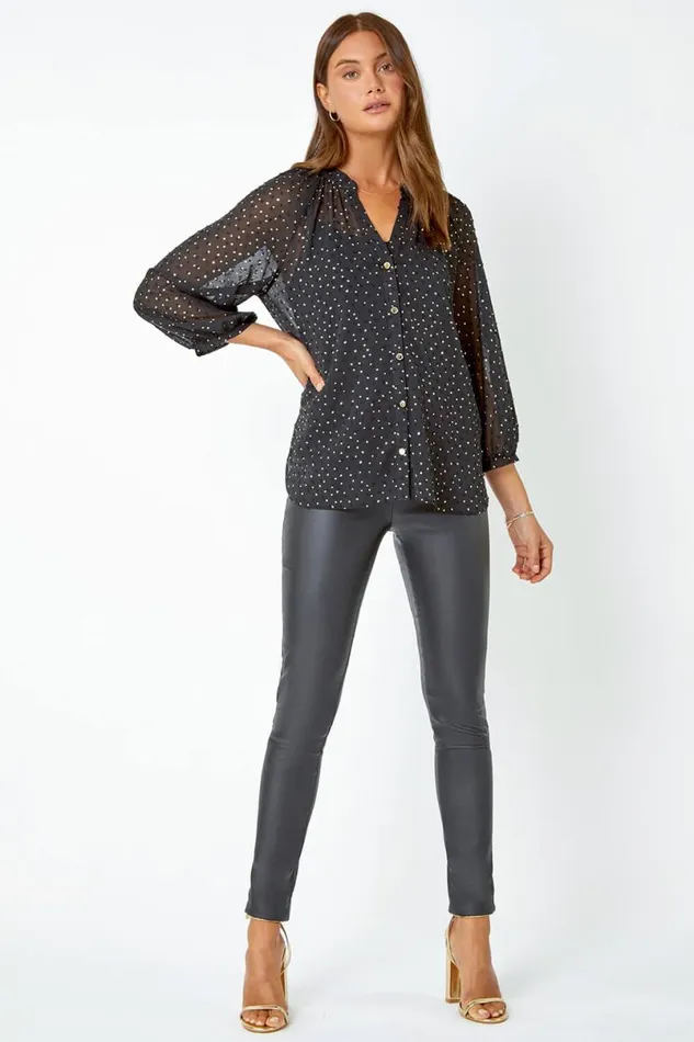 Black Metallic Spot Print Chiffon Blouse Women Roman Tops