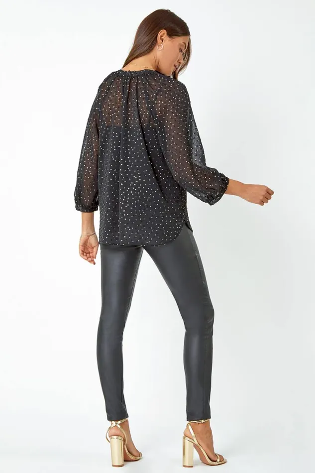 Black Metallic Spot Print Chiffon Blouse Women Roman Tops