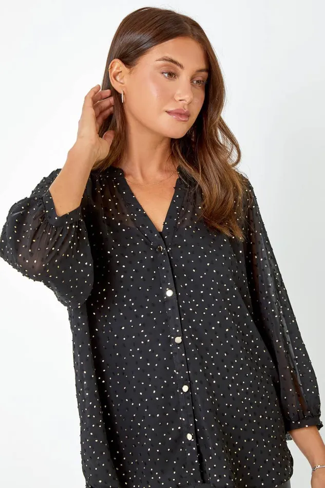 Black Metallic Spot Print Chiffon Blouse Women Roman Tops