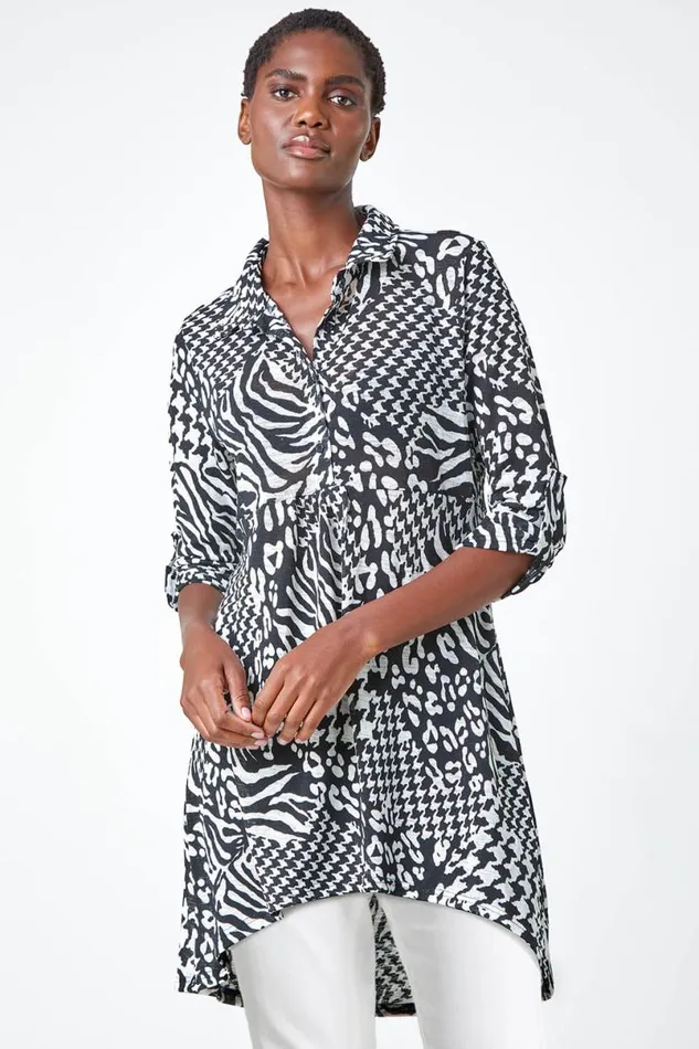 Black Mixed Print Stretch Shirt Women Roman Tops