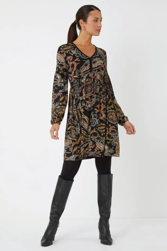Black Paisley Print Stretch Dress Women Roman Dresses
