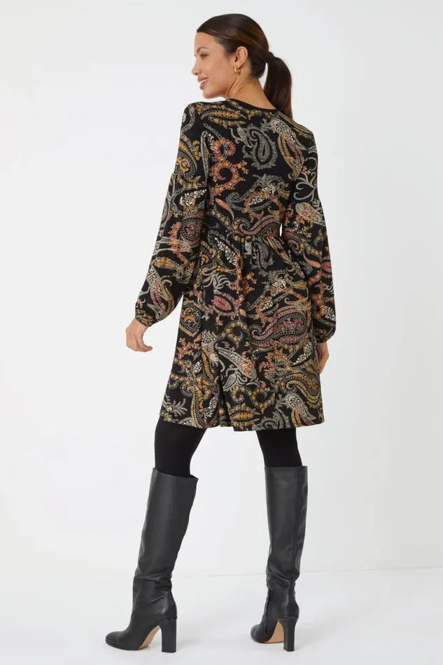 Black Paisley Print Stretch Dress Women Roman Dresses