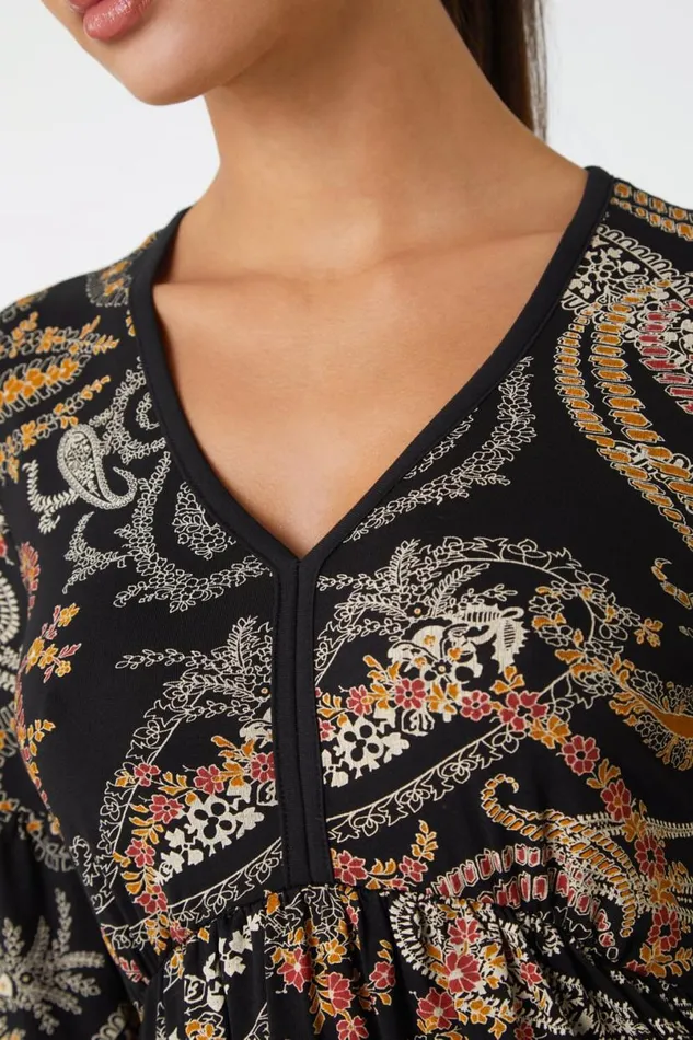Black Paisley Print Stretch Dress Women Roman Dresses