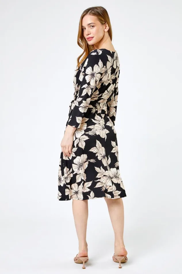 Black Petite Floral Print Belted Wrap Skater Dress Women Roman Dresses