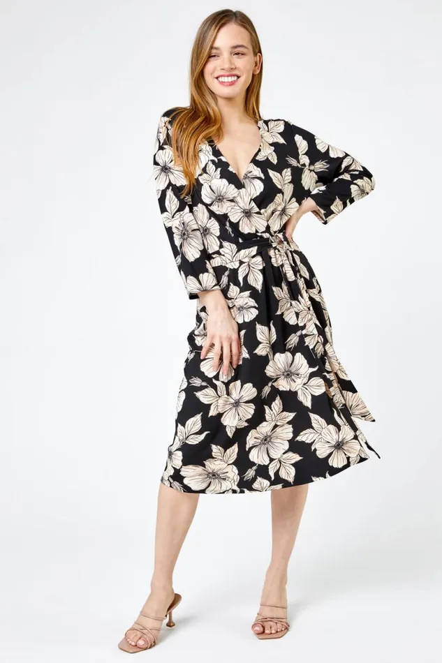Black Petite Floral Print Belted Wrap Skater Dress Women Roman Dresses
