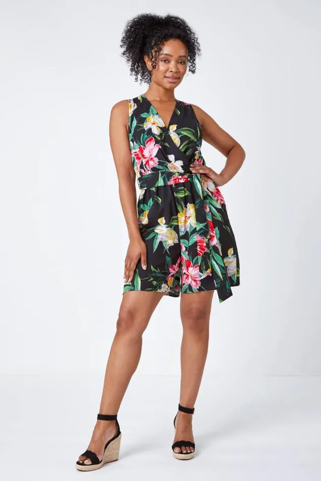 Black Petite Floral Print Stretch Playsuit Women Roman Dresses