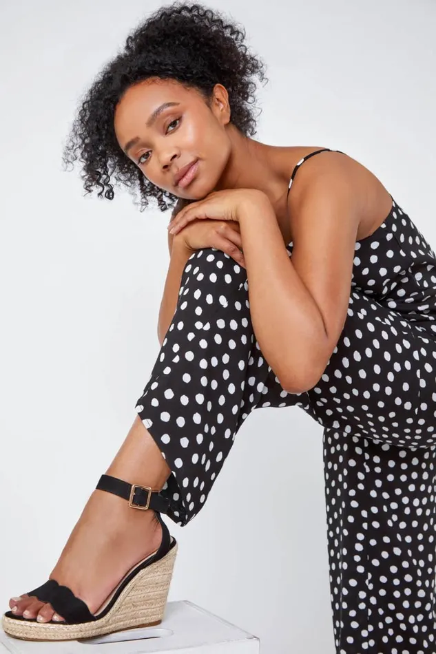 Black Petite Full Length Polka Dot Jumpsuit Women Roman Dresses