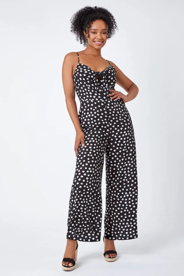 Black Petite Full Length Polka Dot Jumpsuit Women Roman Dresses