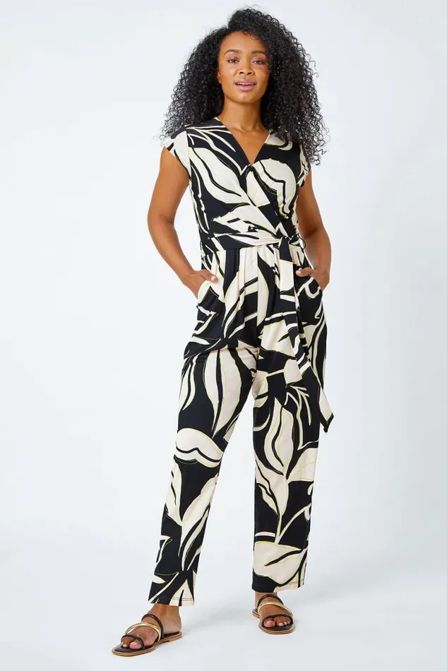 Black Petite Leaf Print Stretch Jumpsuit Women Roman Occasionwear
