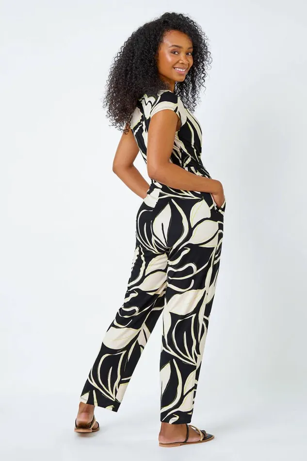 Black Petite Leaf Print Stretch Jumpsuit Women Roman Occasionwear