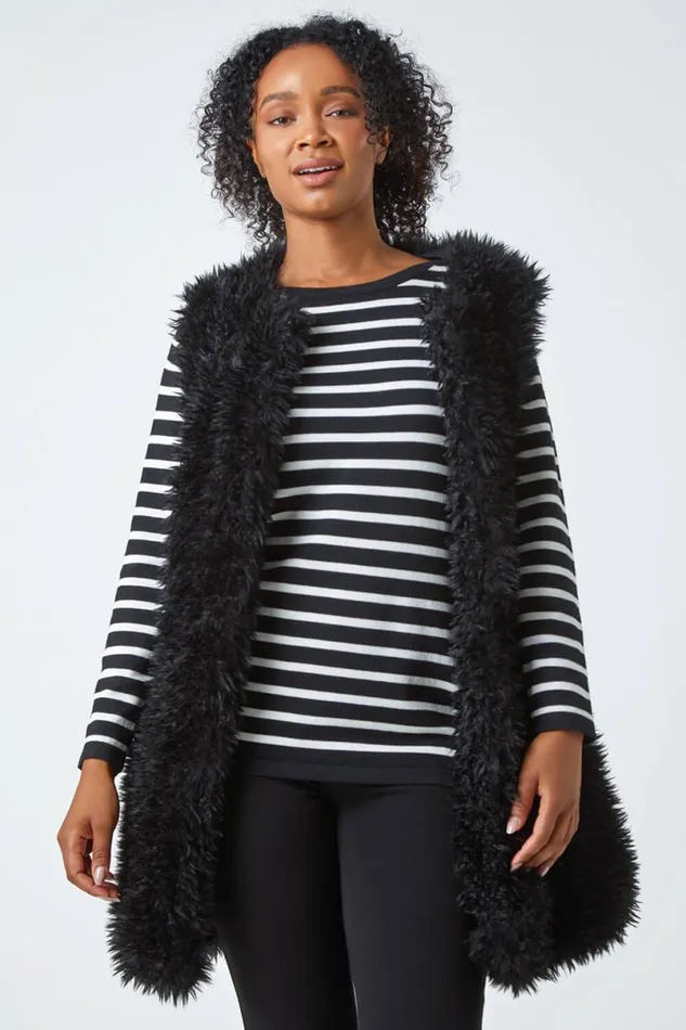 Black Petite Longline Faux Fur Gilet Women Roman Coats
