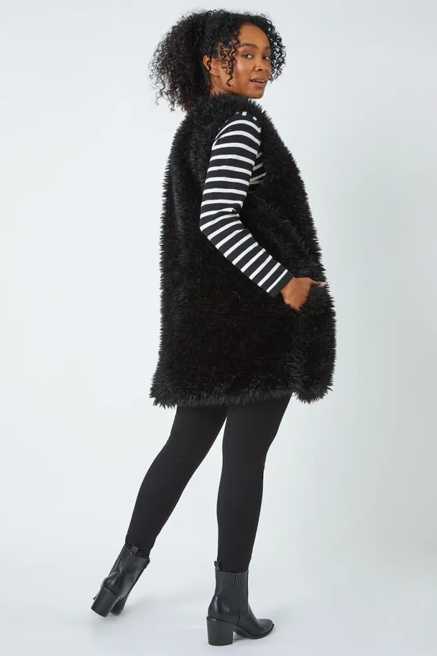 Black Petite Longline Faux Fur Gilet Women Roman Coats