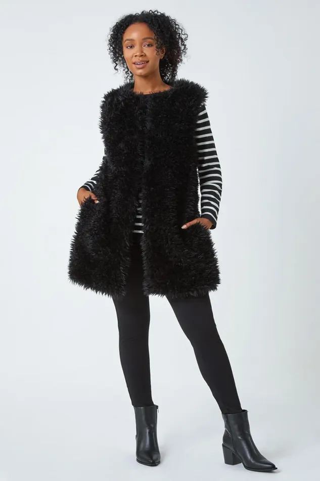 Black Petite Longline Faux Fur Gilet Women Roman Coats