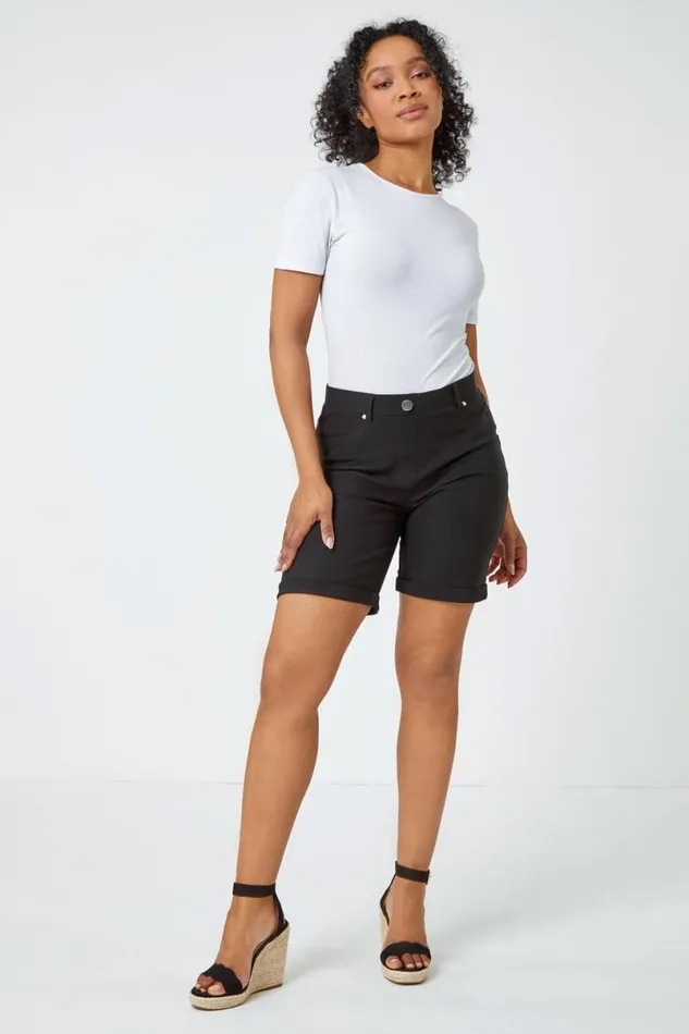 Black Petite Turned Hem Elastic Waist Shorts Women Roman Trousers