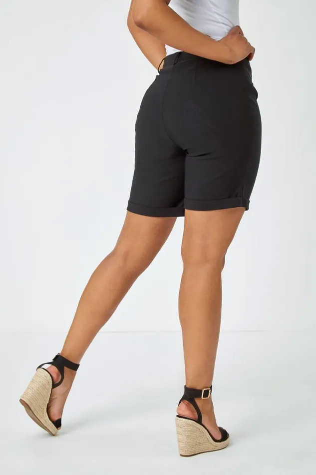 Black Petite Turned Hem Elastic Waist Shorts Women Roman Trousers