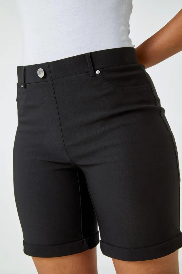 Black Petite Turned Hem Elastic Waist Shorts Women Roman Trousers