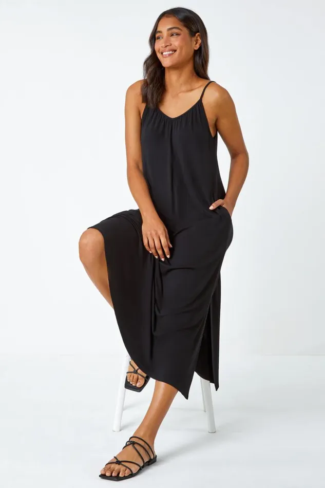 Black Plain Stretch Jersey Pocket Midi Dress Women Roman Dresses