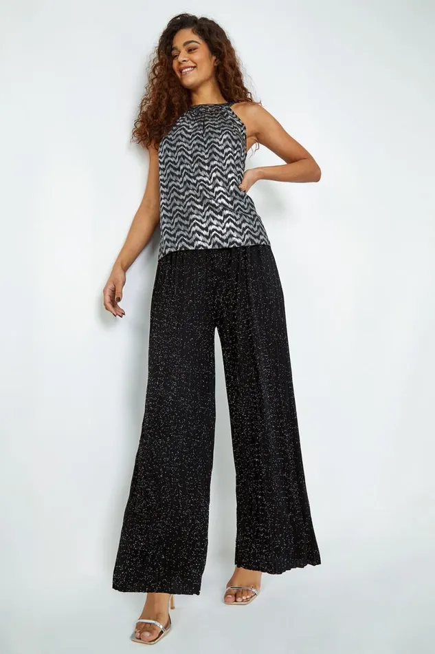 Black Pleated Glitter Stretch Trousers Women Roman Trousers