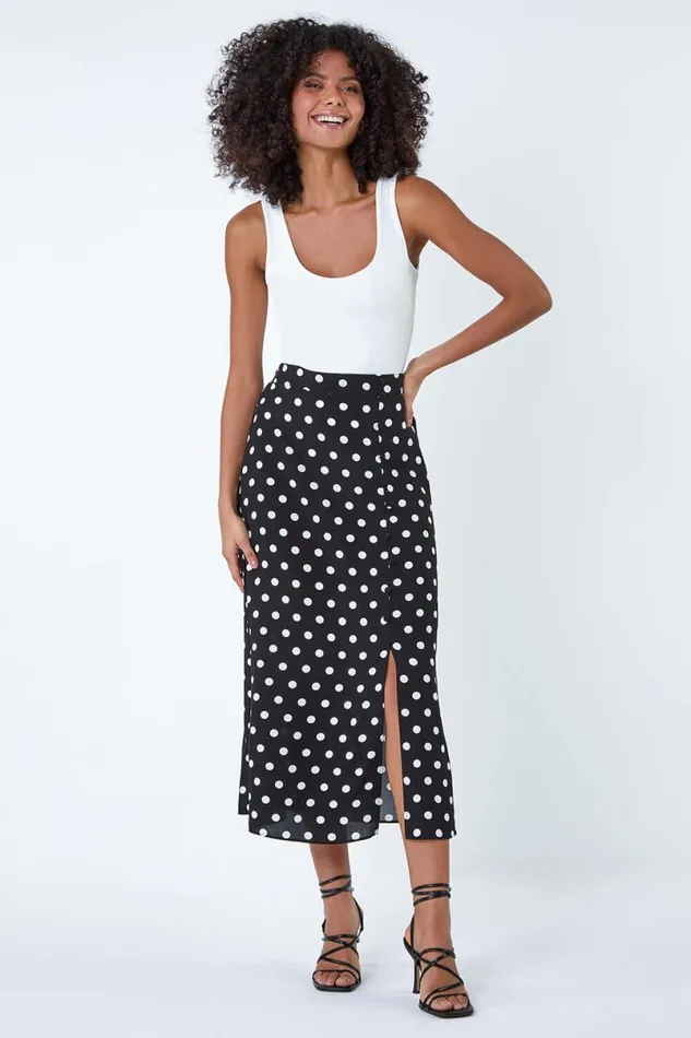 Black Polka Dot Button Elastic Waist Midi Skirt Women Roman Skirts