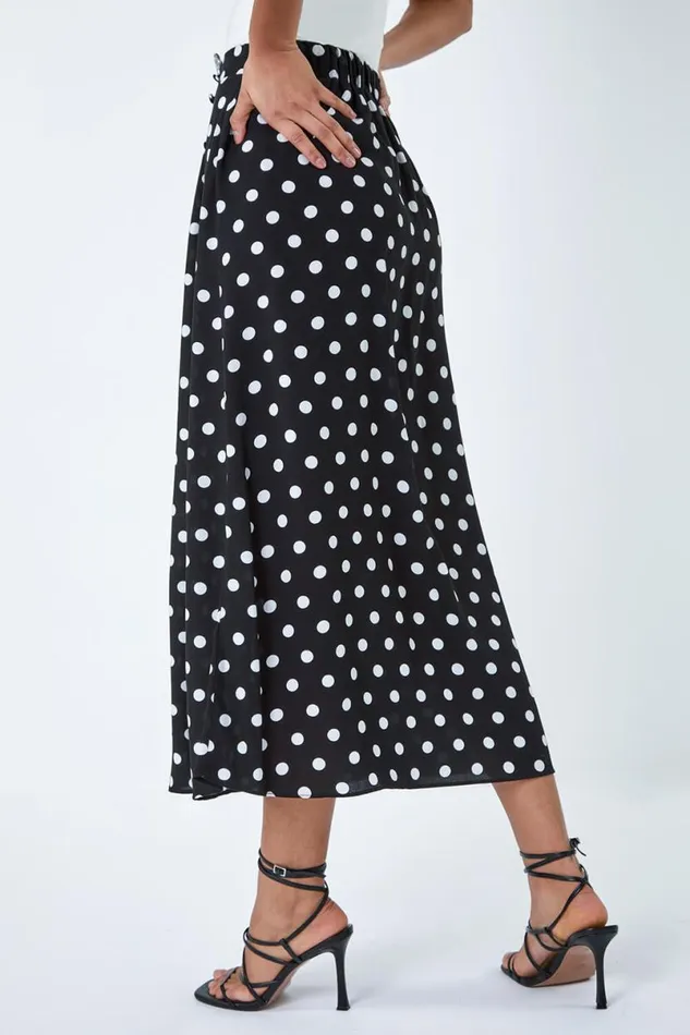 Black Polka Dot Button Elastic Waist Midi Skirt Women Roman Skirts