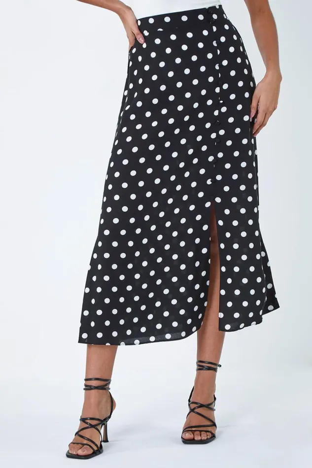 Black Polka Dot Button Elastic Waist Midi Skirt Women Roman Skirts
