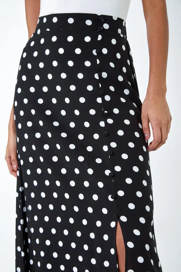Black Polka Dot Button Elastic Waist Midi Skirt Women Roman Skirts