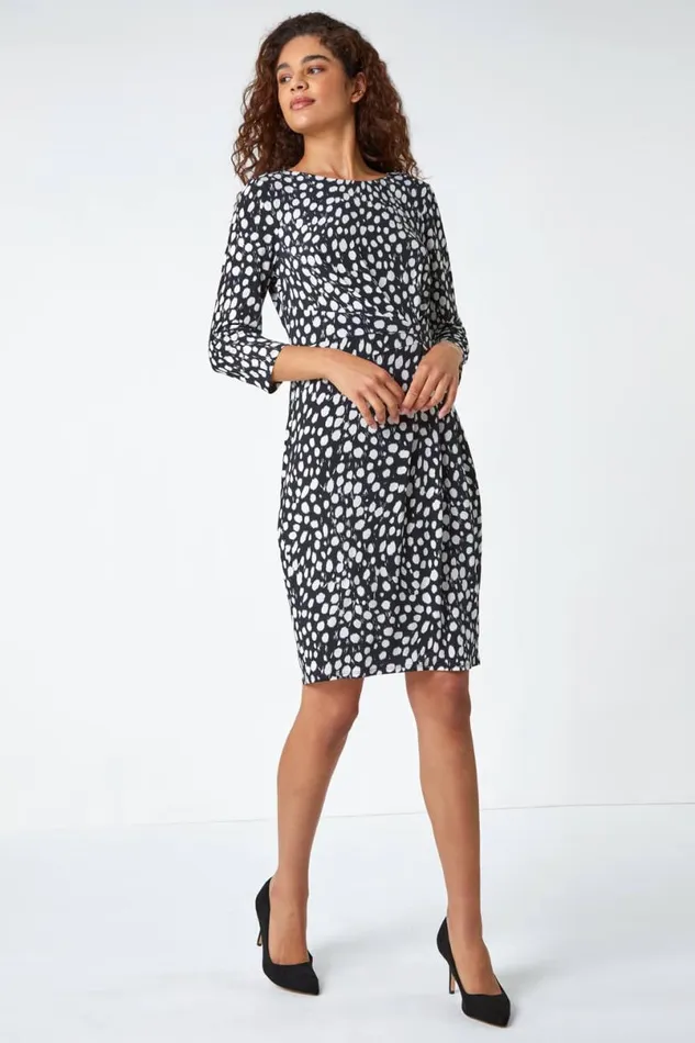 Black Polka Dot Ruched Stretch Dress Women Roman Dresses