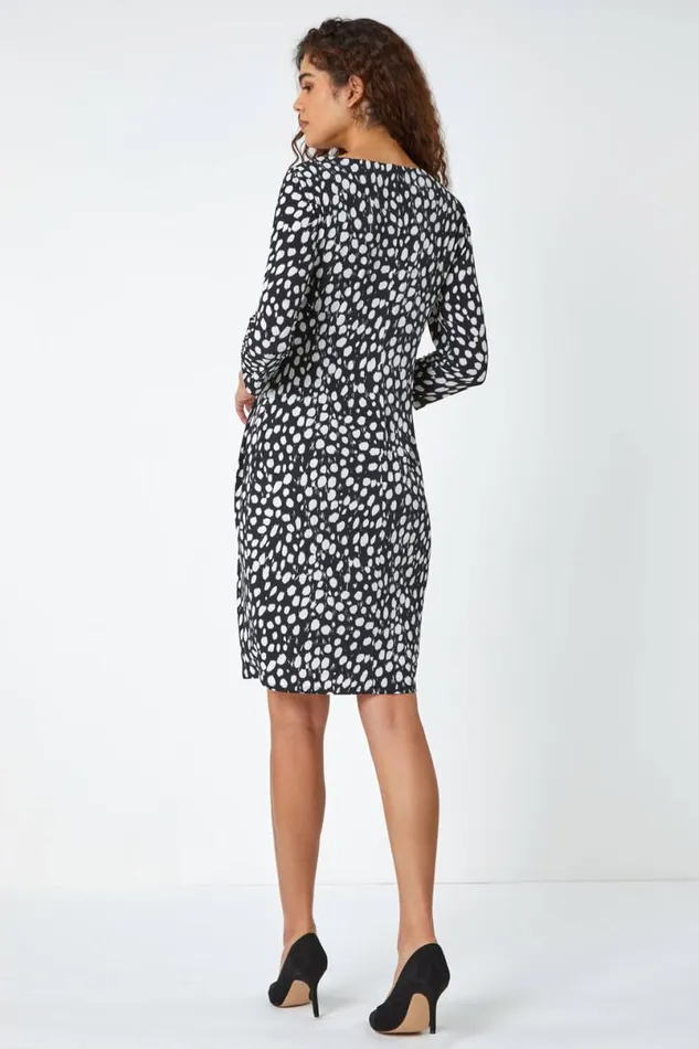 Black Polka Dot Ruched Stretch Dress Women Roman Dresses