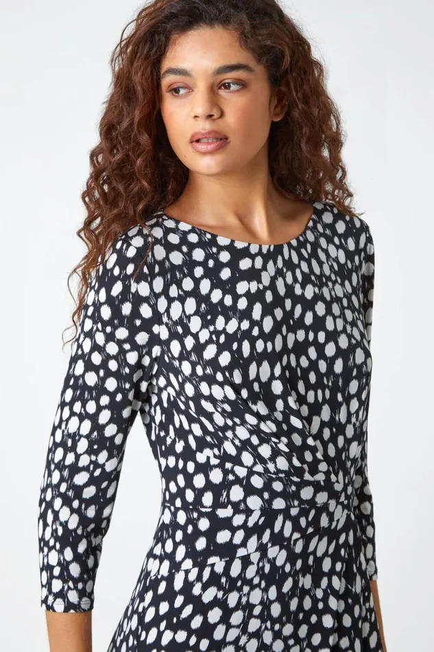 Black Polka Dot Ruched Stretch Dress Women Roman Dresses